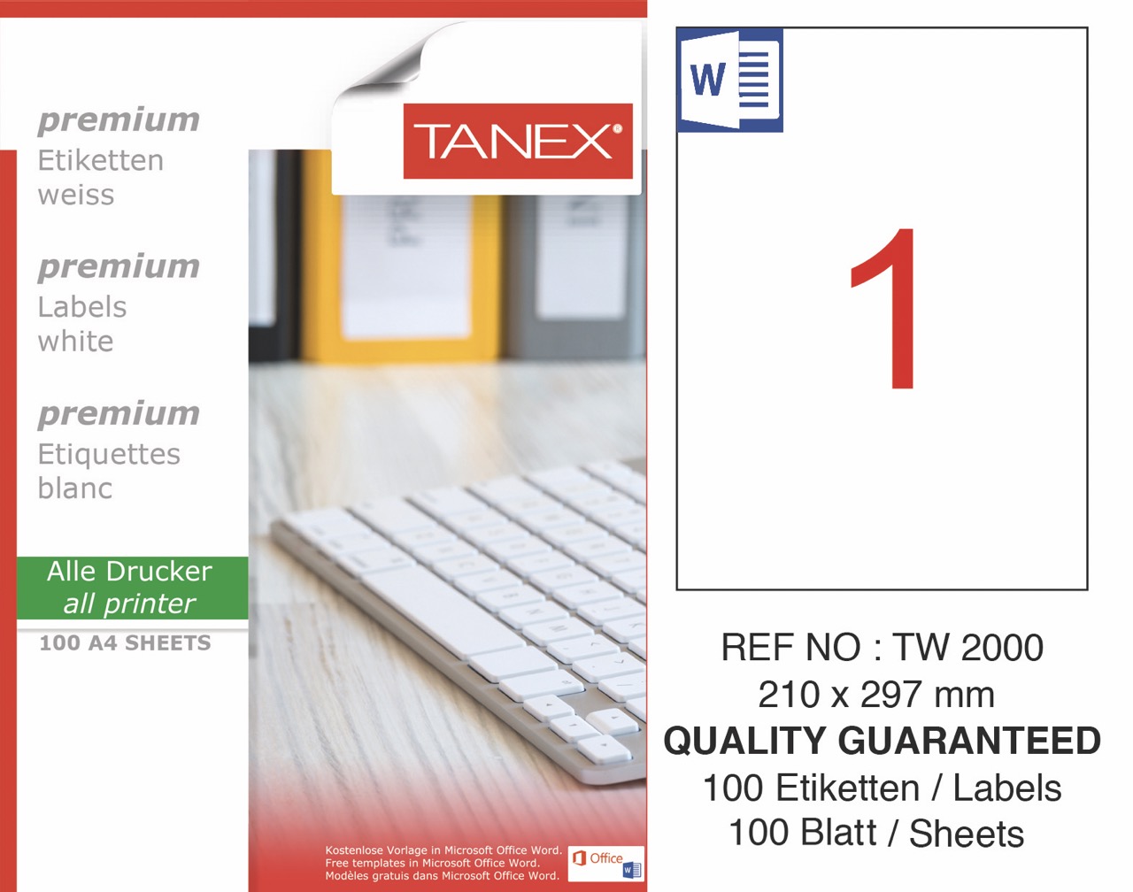 TANEX TW-2000 LAZER ETİKET 210*297 MM 100'LÜ *20