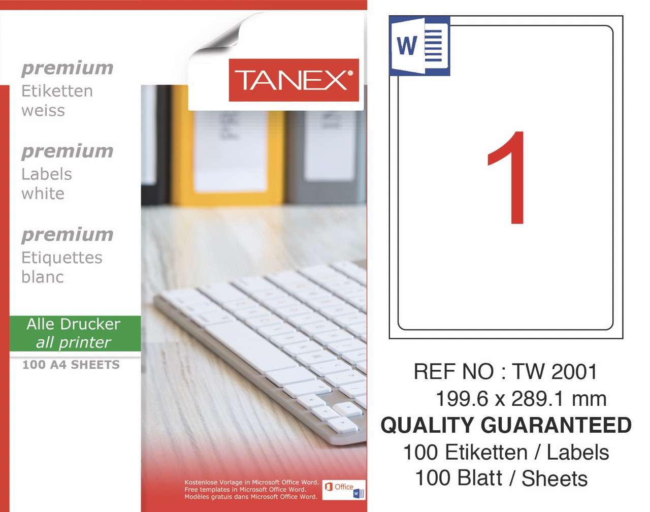 TANEX TW-2001 LAZER ETİKET 199,6X289,1MM 100'LÜ *20