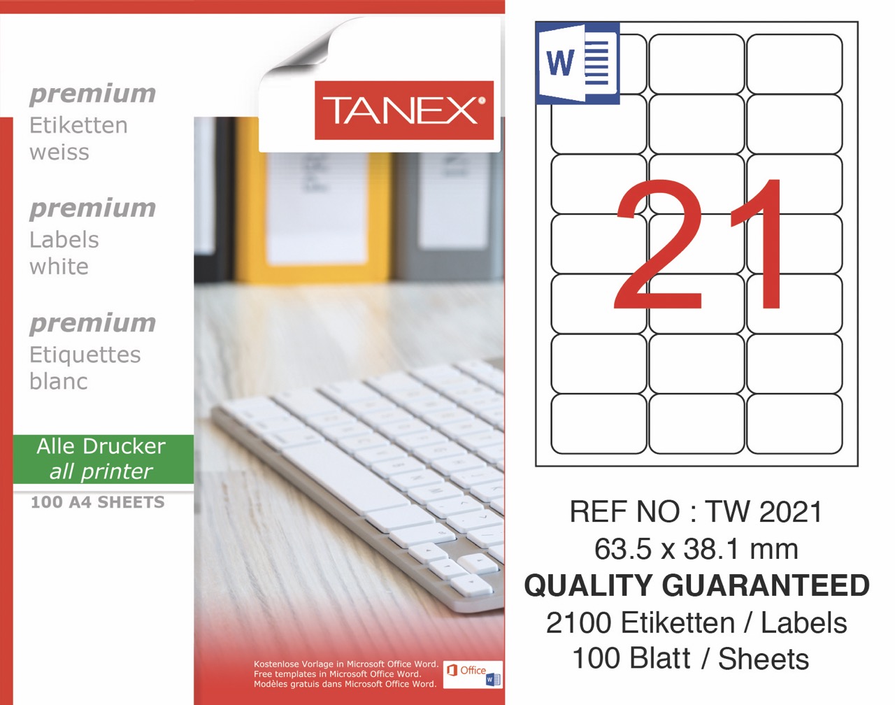 TANEX TW-2021 LAZER ETİKET 63,5*38,1MM 100'LÜ *20
